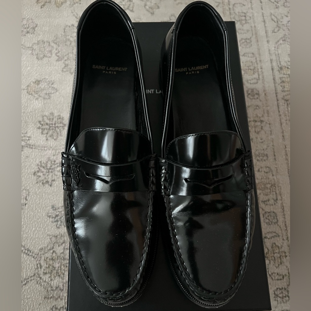 Saint Laurent Black High-Shine Leather Loafers Slip-On